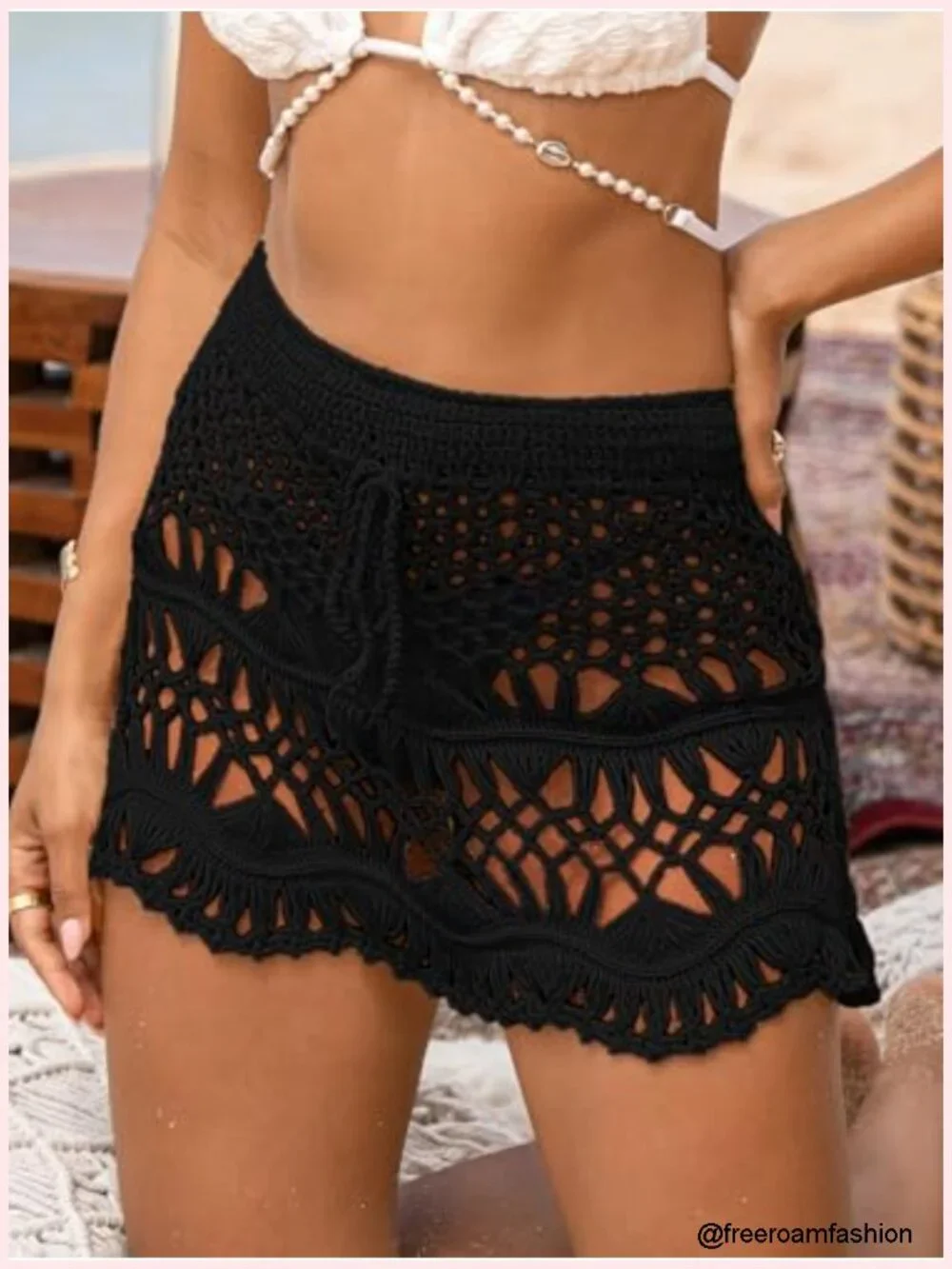 Crochet Knit Swim Cover Up Skirt Drawstring Mini Sheer Beach Vacation Outfit